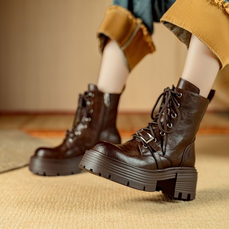 Platform Plain Buckled Lace-Up Genuine Leather Short Boots SpreePicky