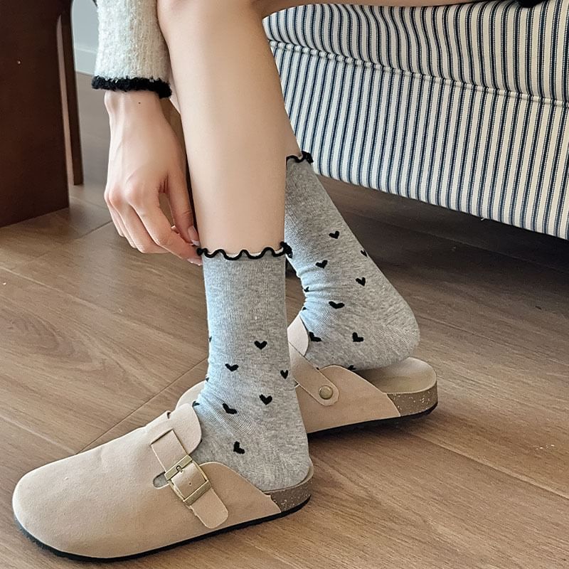 Heart Print Lettuce Edge Crew Socks SpreePicky