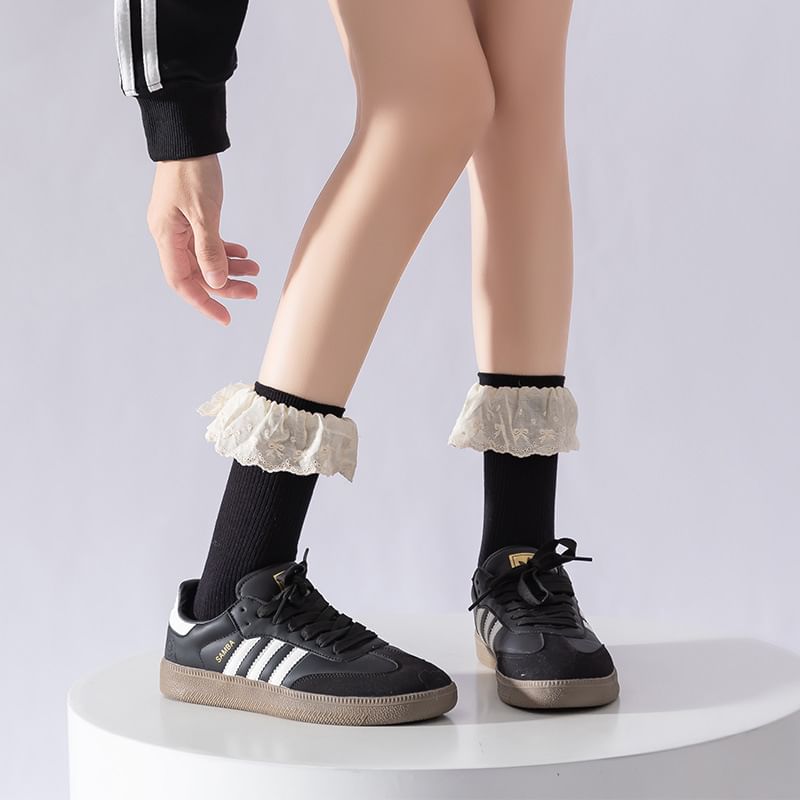 Plain Lace Trim Ribbed Socks SpreePicky