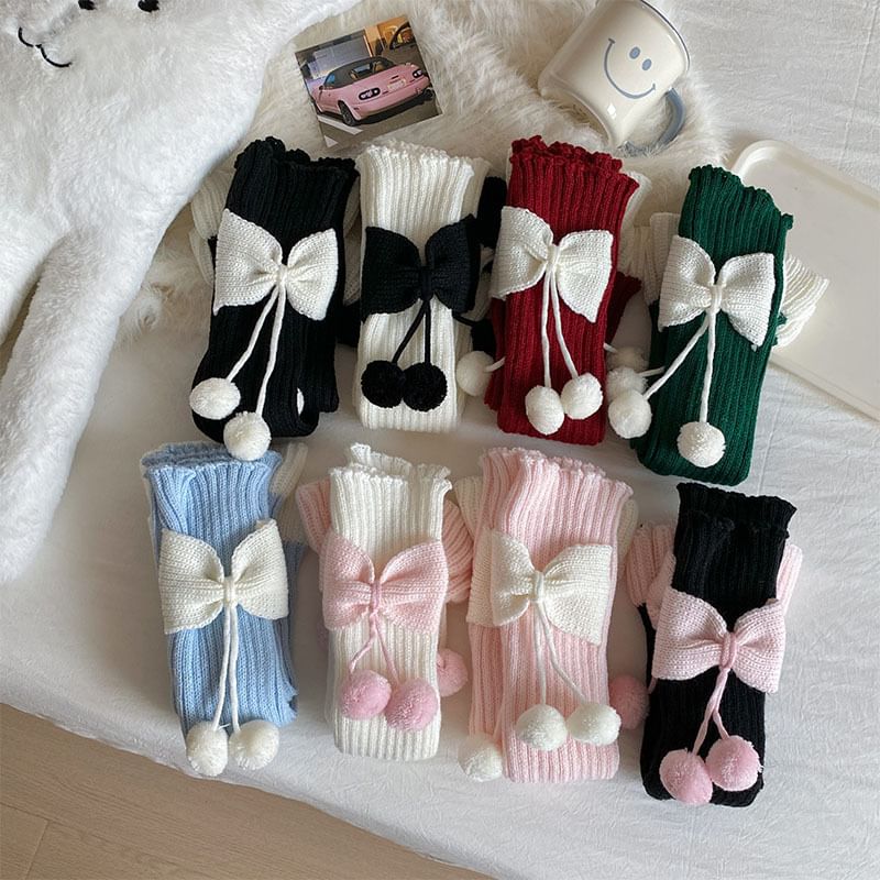 Two Tone Bow Pom Pom Ribbed Knit Leg Warmers SpreePicky