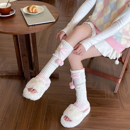 Two Tone Bow Pom Pom Ribbed Knit Leg Warmers SpreePicky