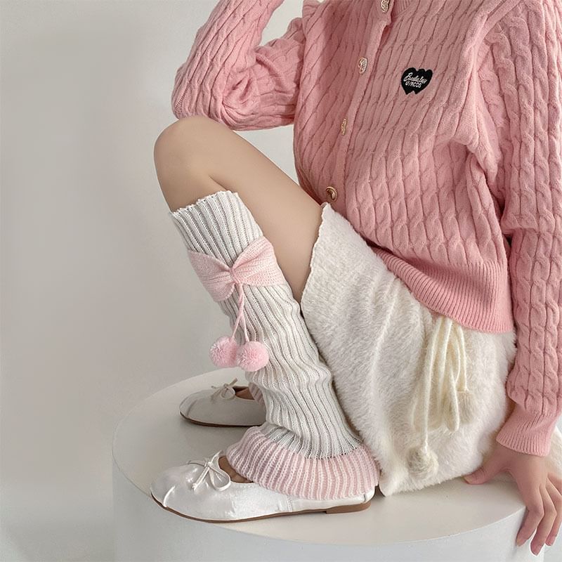 Two Tone Bow Pom Pom Ribbed Knit Leg Warmers SpreePicky