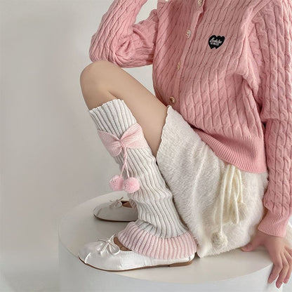 Two Tone Bow Pom Pom Ribbed Knit Leg Warmers SpreePicky