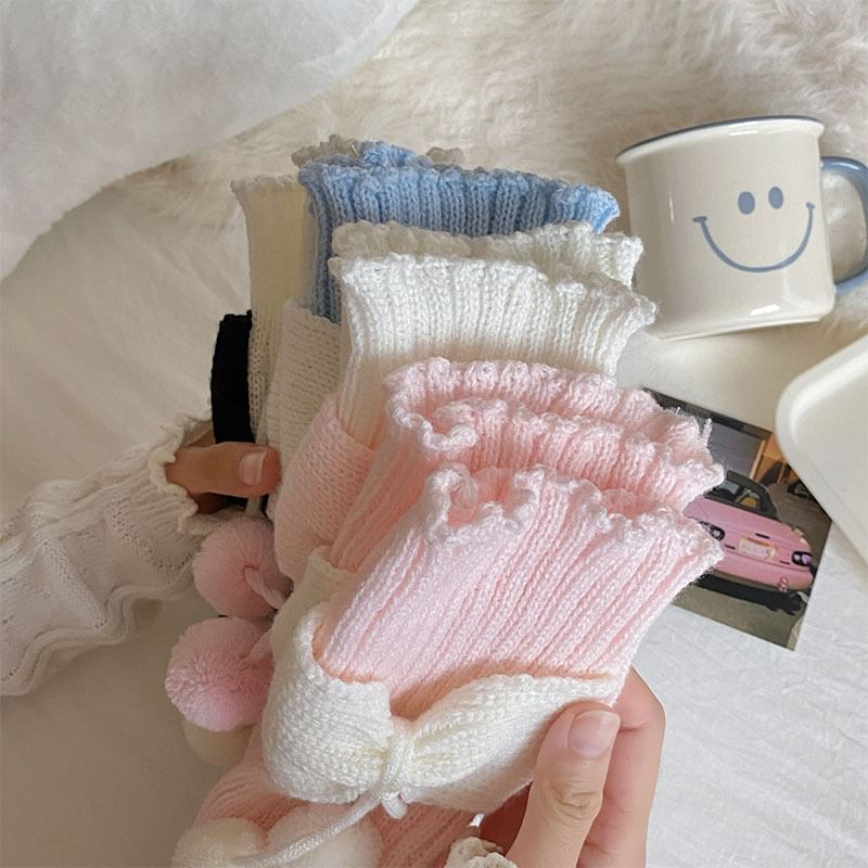 Two Tone Bow Pom Pom Ribbed Knit Leg Warmers SpreePicky