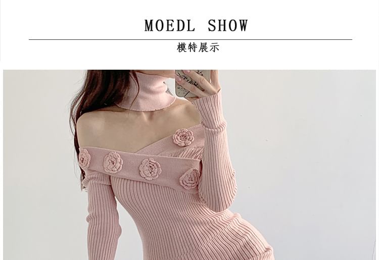 Long-Sleeve Off-Shoulder Plain Flower Detail Ribbed Knit Maxi Sheath Dress SpreePicky