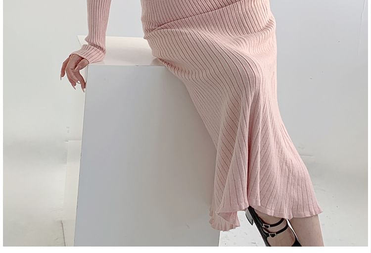 Long-Sleeve Off-Shoulder Plain Flower Detail Ribbed Knit Maxi Sheath Dress SpreePicky