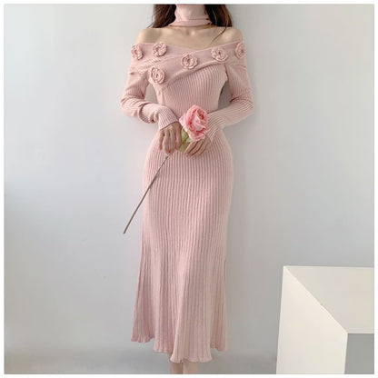 Long-Sleeve Off-Shoulder Plain Flower Detail Ribbed Knit Maxi Sheath Dress SpreePicky