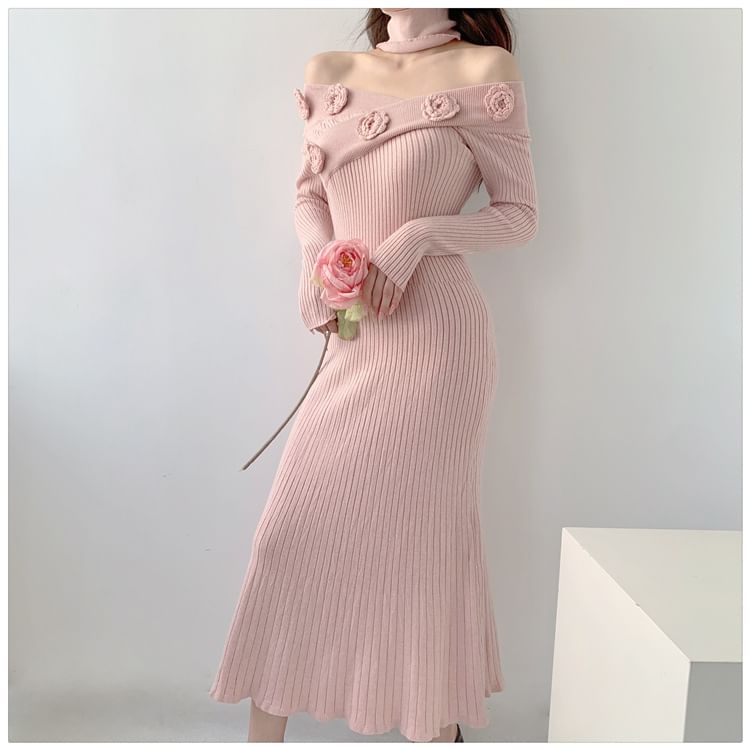 Long-Sleeve Off-Shoulder Plain Flower Detail Ribbed Knit Maxi Sheath Dress SpreePicky