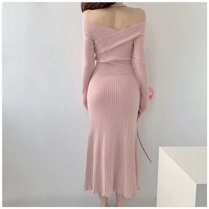 Long-Sleeve Off-Shoulder Plain Flower Detail Ribbed Knit Maxi Sheath Dress SpreePicky