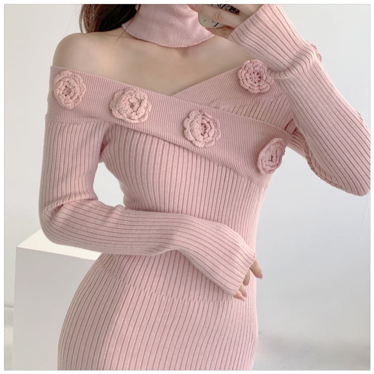 Long-Sleeve Off-Shoulder Plain Flower Detail Ribbed Knit Maxi Sheath Dress SpreePicky