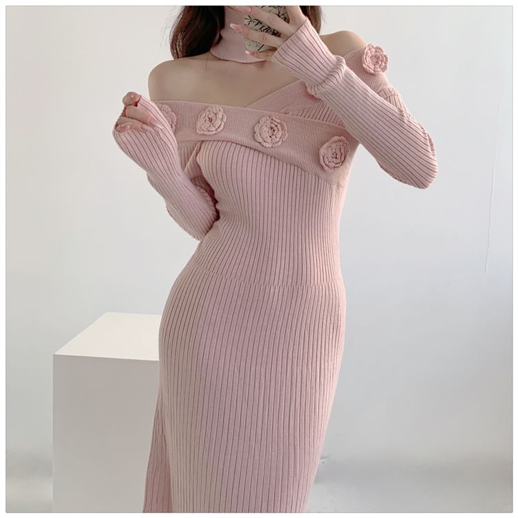 Long-Sleeve Off-Shoulder Plain Flower Detail Ribbed Knit Maxi Sheath Dress SpreePicky