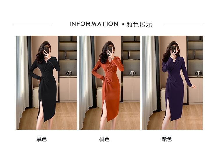 Long-Sleeve V-Neck Plain Side-Slit Ruched Midi Sheath Dress SpreePicky