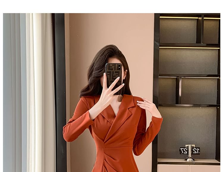 Long-Sleeve V-Neck Plain Side-Slit Ruched Midi Sheath Dress SpreePicky