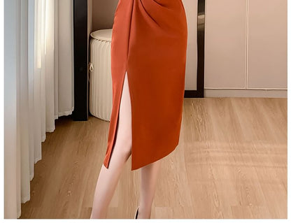 Long-Sleeve V-Neck Plain Side-Slit Ruched Midi Sheath Dress SpreePicky