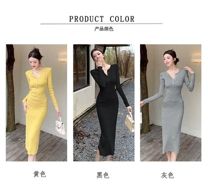 Long-Sleeve Henley Plain Ribbed Knit Midi Sheath Dress SpreePicky