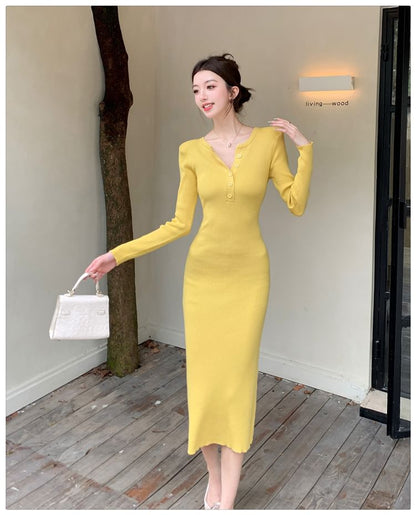 Long-Sleeve Henley Plain Ribbed Knit Midi Sheath Dress SpreePicky