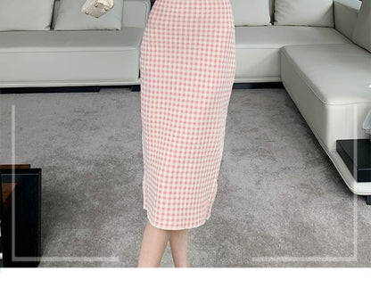 Long-Sleeve Henley Plaid Midi Sheath Dress SpreePicky