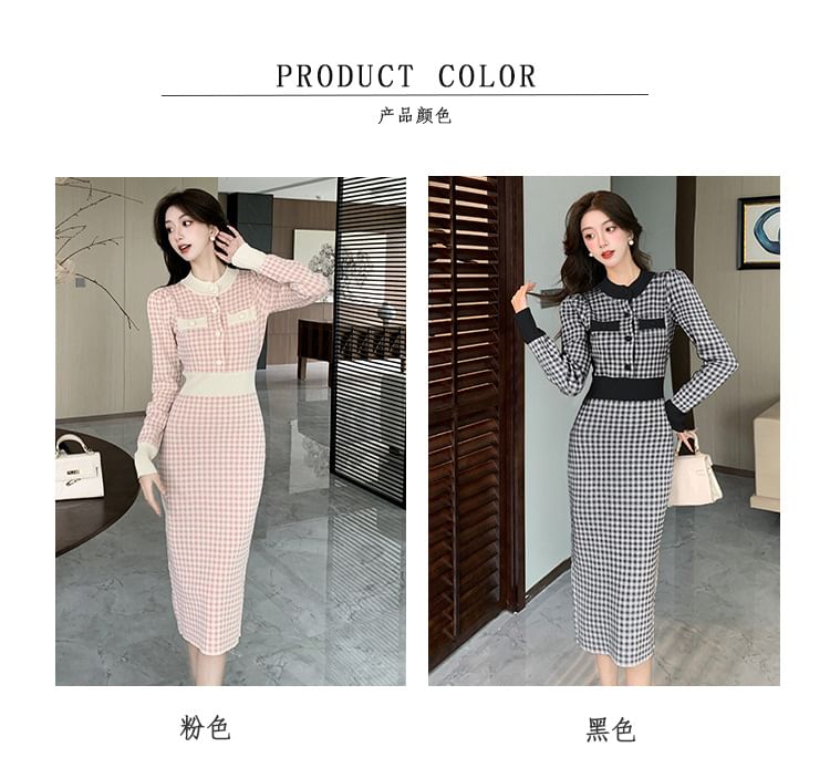 Long-Sleeve Henley Plaid Midi Sheath Dress SpreePicky