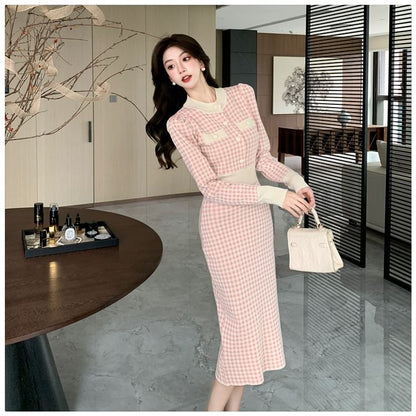 Long-Sleeve Henley Plaid Midi Sheath Dress SpreePicky