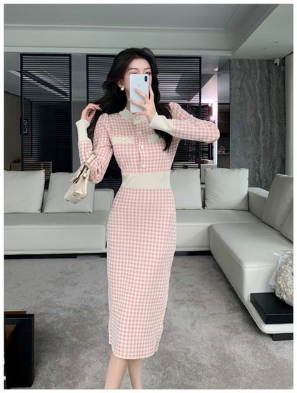 Long-Sleeve Henley Plaid Midi Sheath Dress SpreePicky