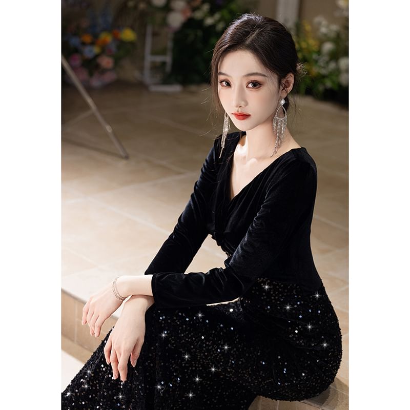 Sleeve Gown V-Neck Velvet Evening Long Sequin Mermaid FashionChic