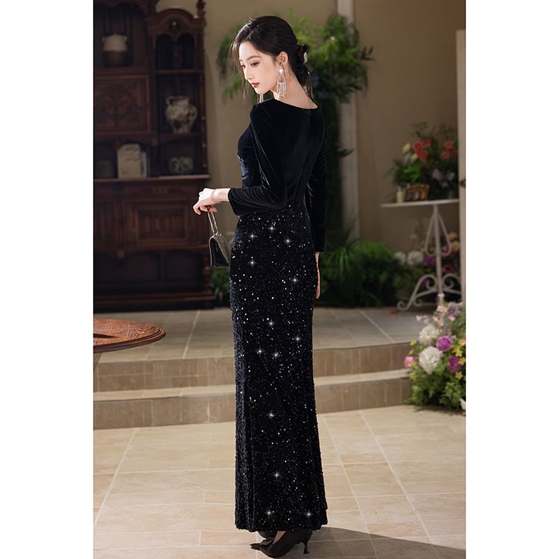 Sleeve Gown V-Neck Velvet Evening Long Sequin Mermaid FashionChic
