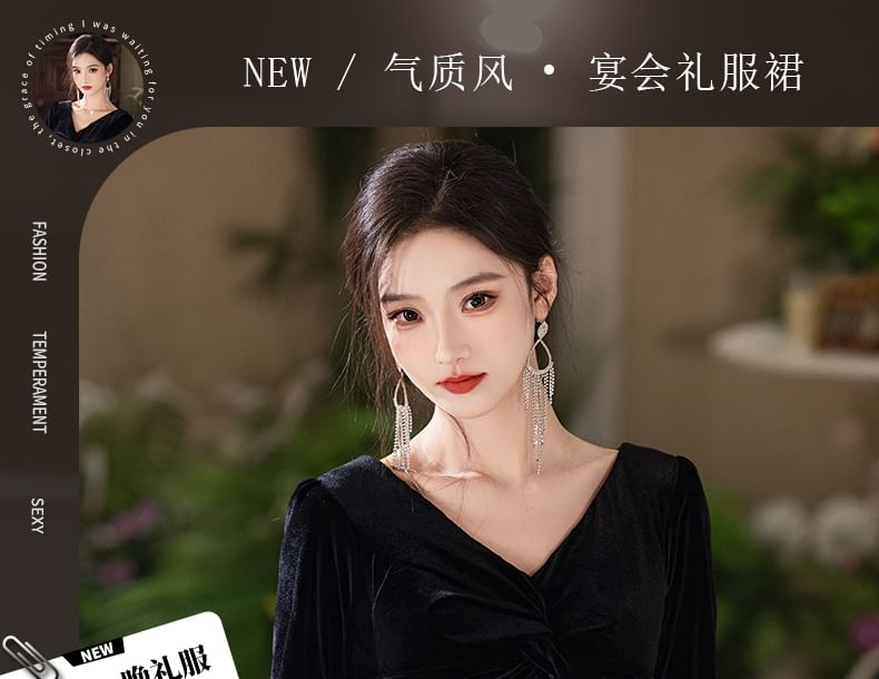 Sleeve Gown V-Neck Velvet Evening Long Sequin Mermaid FashionChic