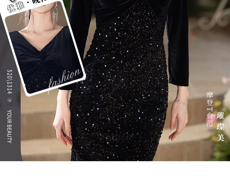Sleeve Gown V-Neck Velvet Evening Long Sequin Mermaid FashionChic