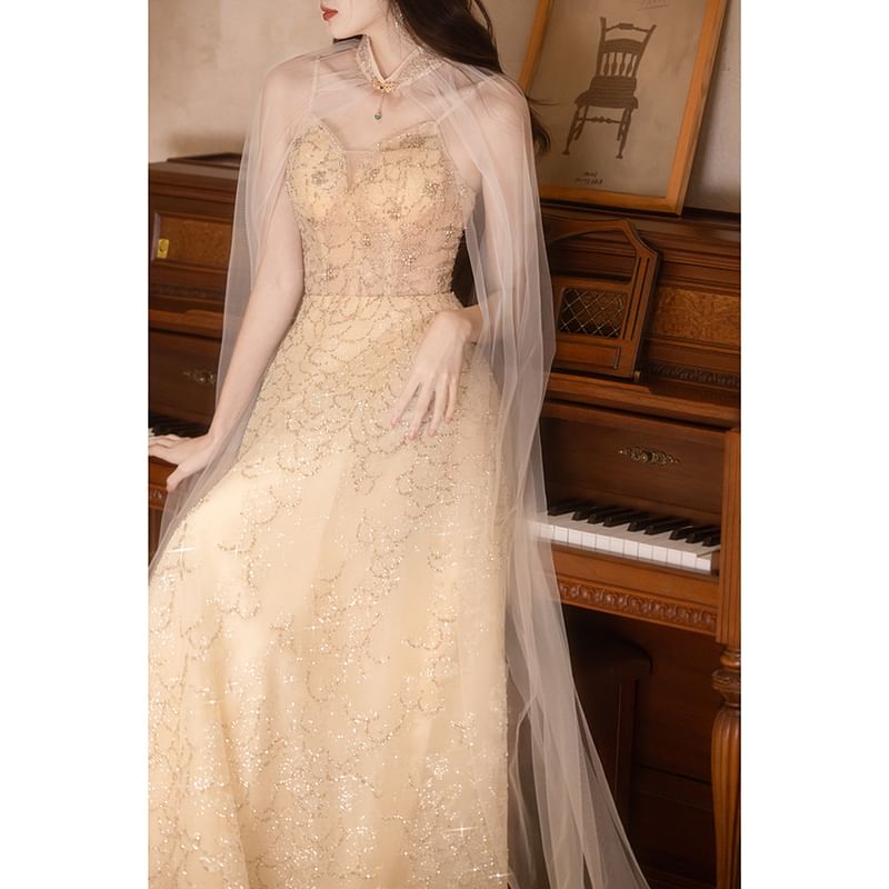 / Evening Panel Floral A-Line Sheer Strap Spaghetti V-Neck Gown FashionChic