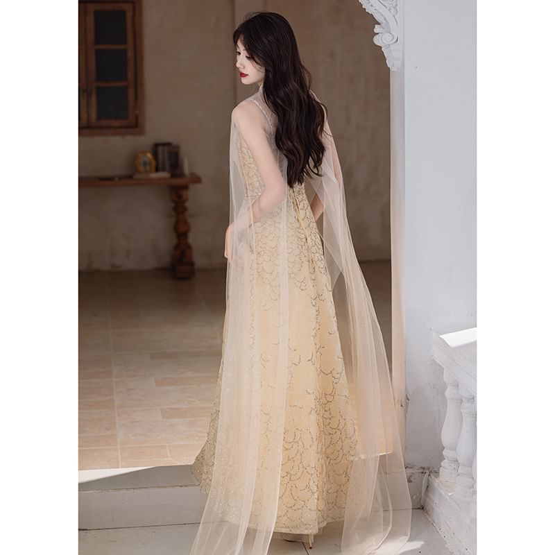 / Evening Panel Floral A-Line Sheer Strap Spaghetti V-Neck Gown FashionChic