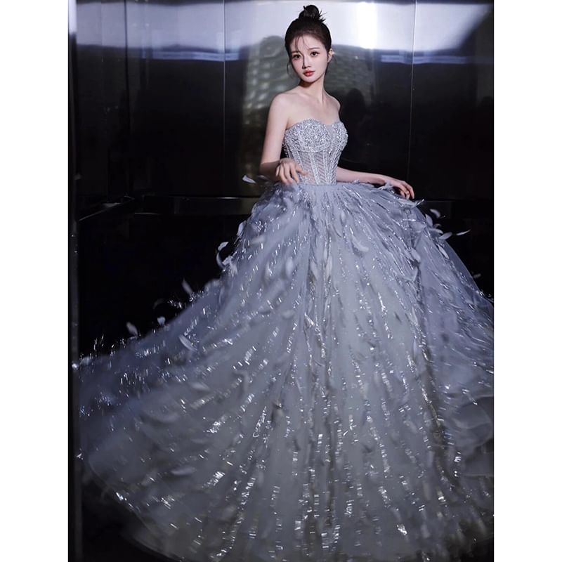 Strapless Sequin Feather A-Line Evening Gown FashionChic