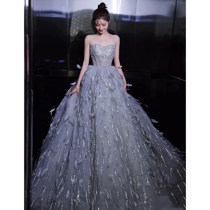 Strapless Sequin Feather A-Line Evening Gown FashionChic