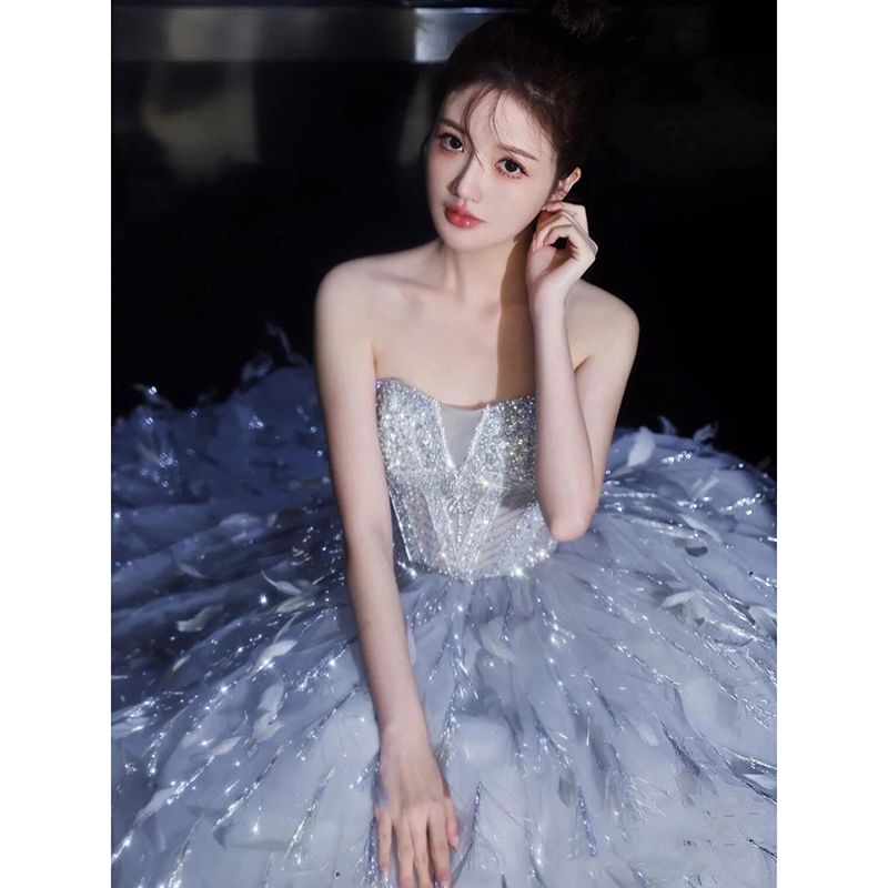 Strapless Sequin Feather A-Line Evening Gown FashionChic