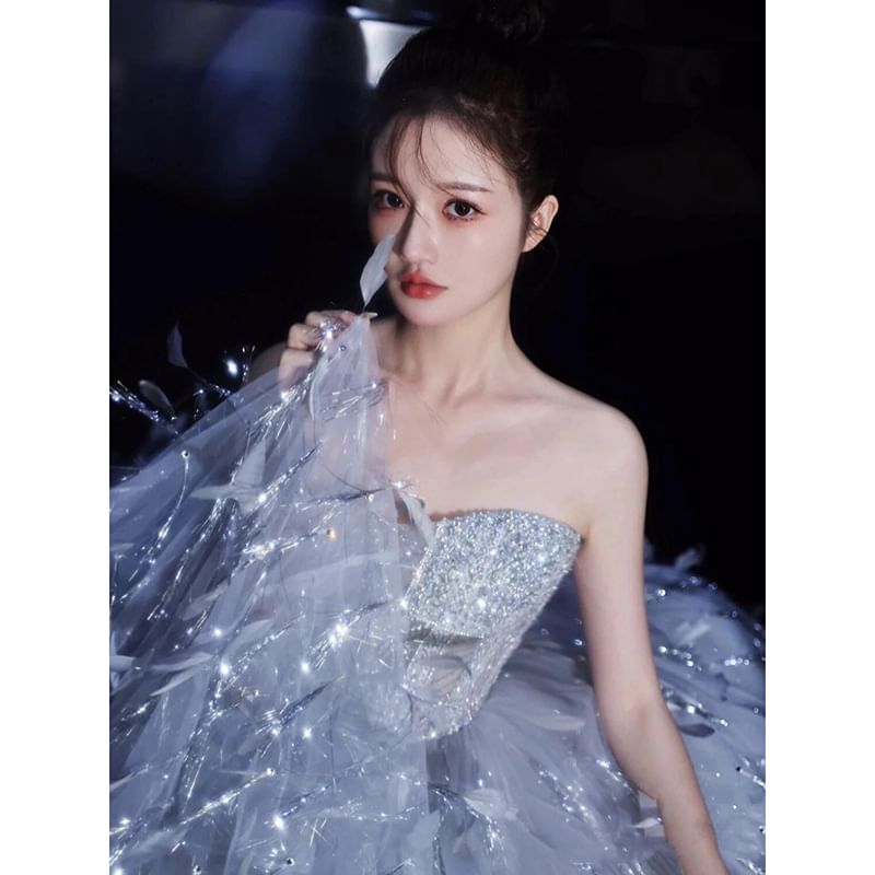 Strapless Sequin Feather A-Line Evening Gown FashionChic