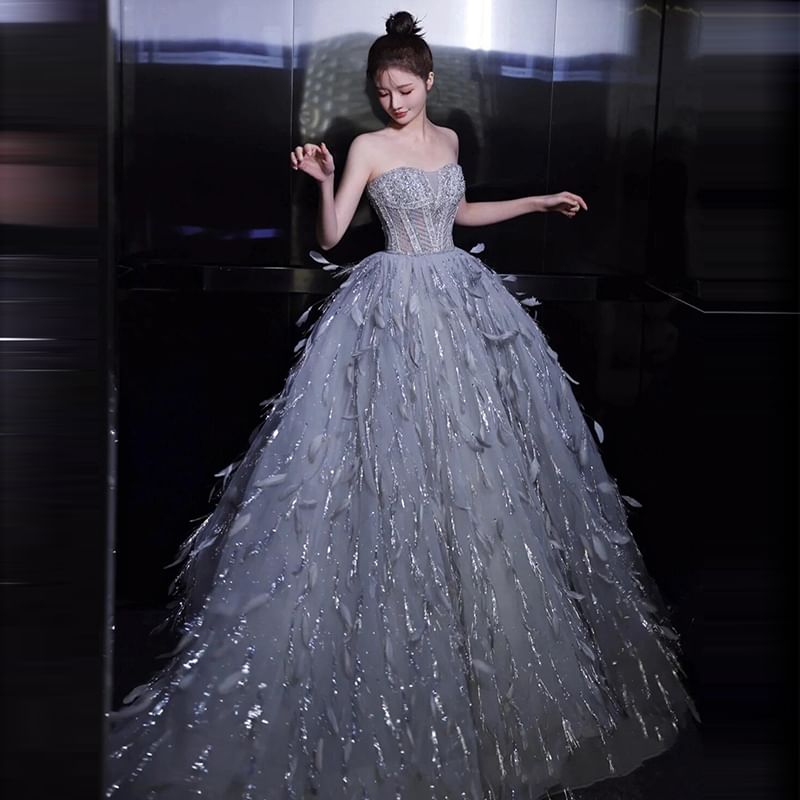 Strapless Sequin Feather A-Line Evening Gown FashionChic