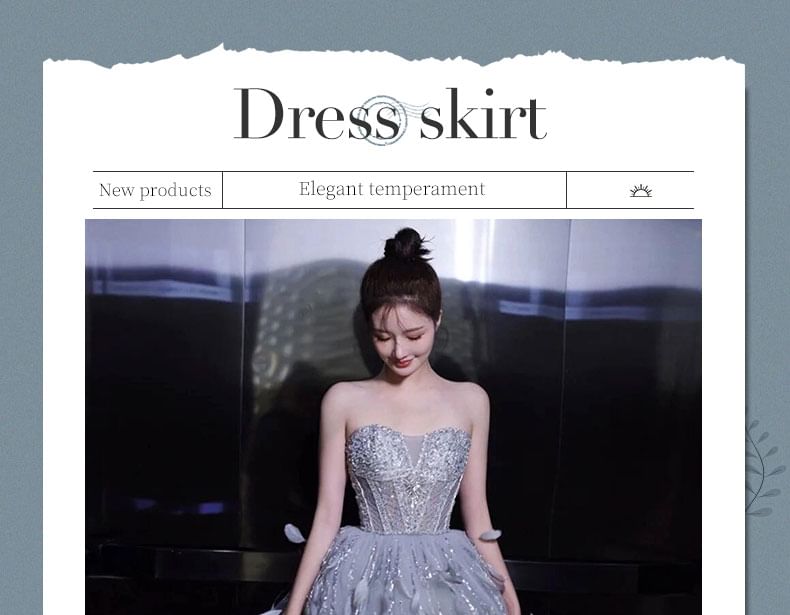 Strapless Sequin Feather A-Line Evening Gown FashionChic