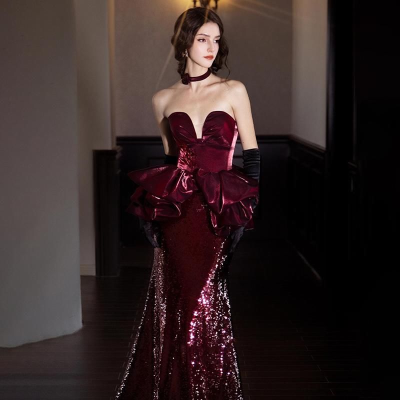 Strapless Notch Neck Velvet Ruffle Sequined Mermaid Evening Dress FashionChic