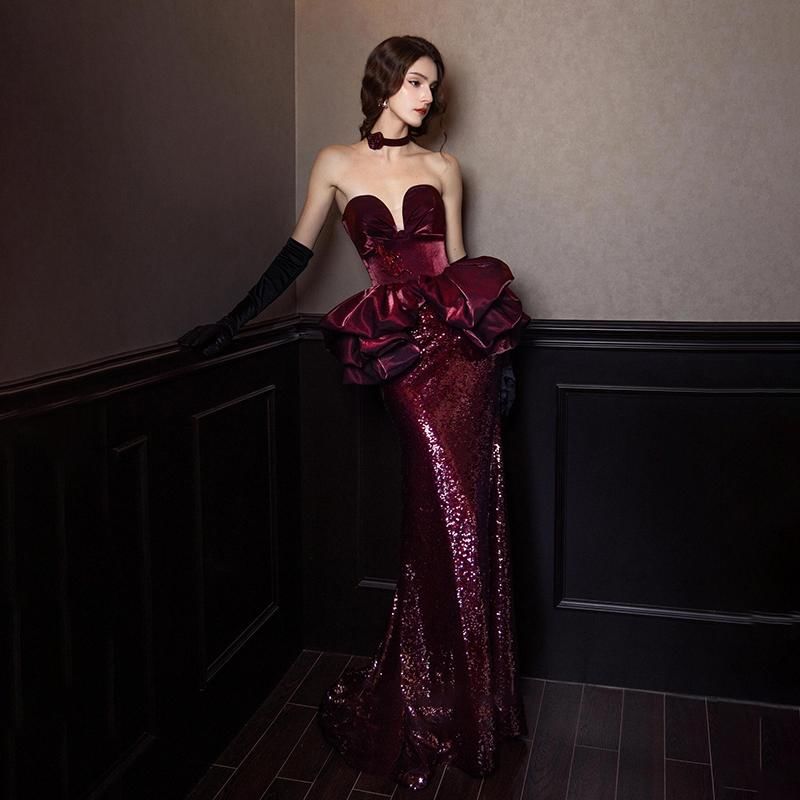 Strapless Notch Neck Velvet Ruffle Sequined Mermaid Evening Dress FashionChic