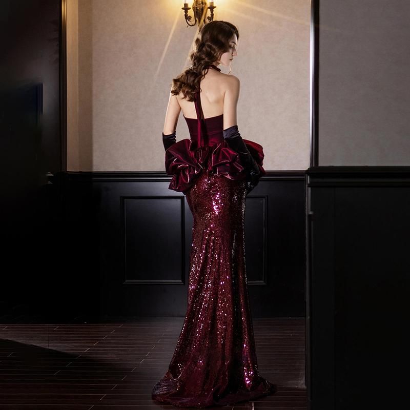 Strapless Notch Neck Velvet Ruffle Sequined Mermaid Evening Dress FashionChic