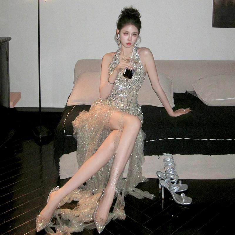 Neck Evening Dress Halter Maxi Sleeveless Sequined FashionChic