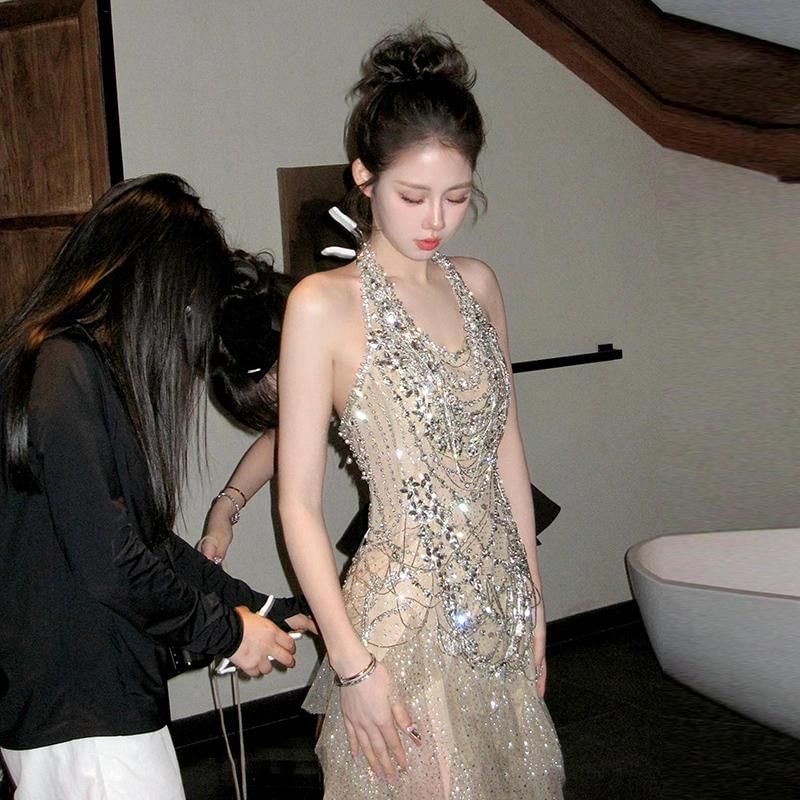 Neck Evening Dress Halter Maxi Sleeveless Sequined FashionChic