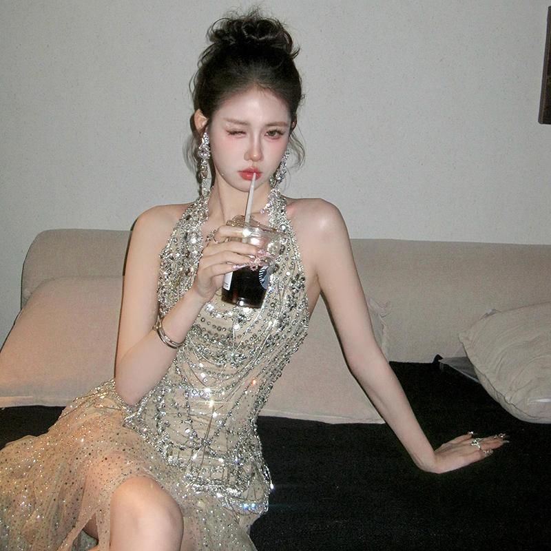 Neck Evening Dress Halter Maxi Sleeveless Sequined FashionChic