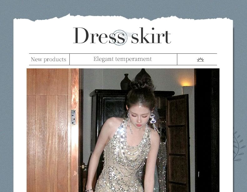 Neck Evening Dress Halter Maxi Sleeveless Sequined FashionChic