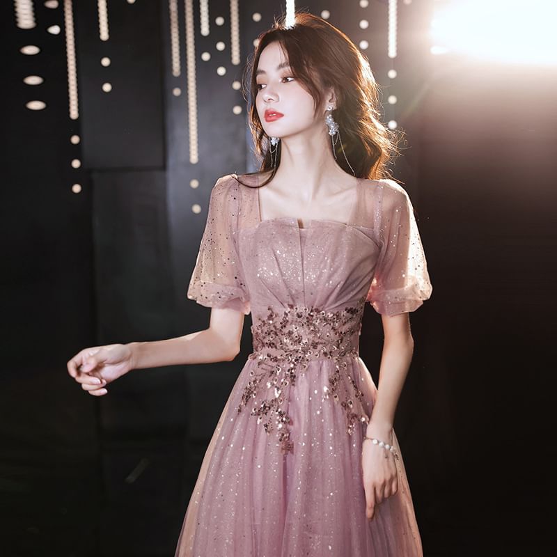 (Various Designs) Evening Tulle Sequin Short-Sleeve A-Line Gown FashionChic