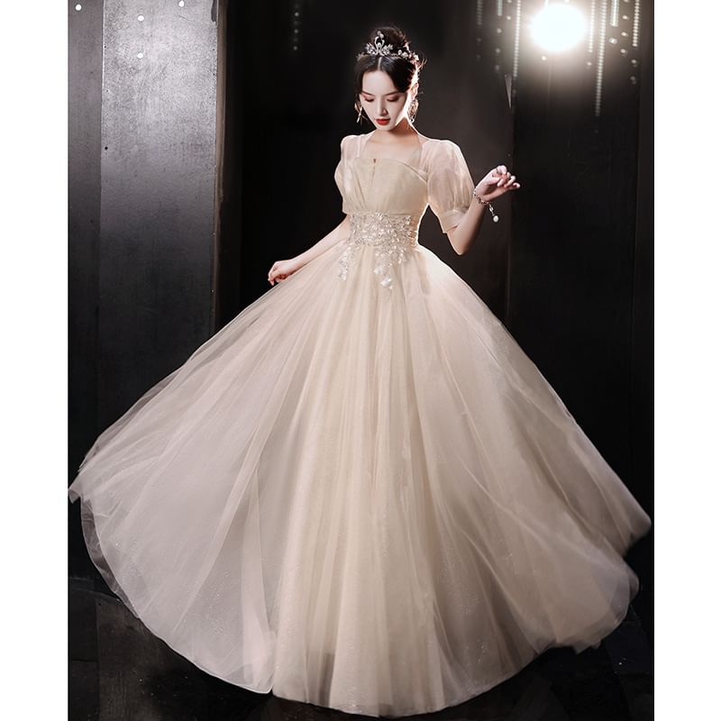 (Various Designs) Evening Tulle Sequin Short-Sleeve A-Line Gown FashionChic