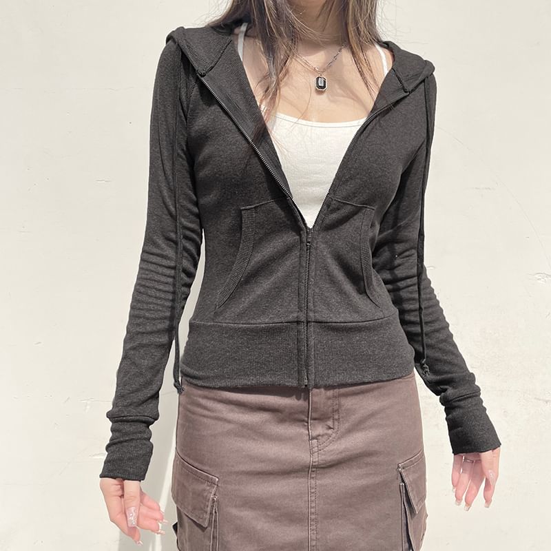 Hoodie Plain Drawstring Up Zip FashionChic