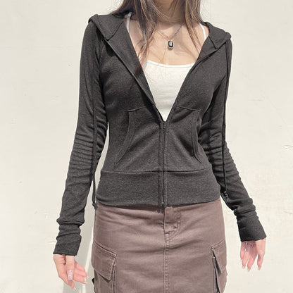 Hoodie Plain Drawstring Up Zip FashionChic