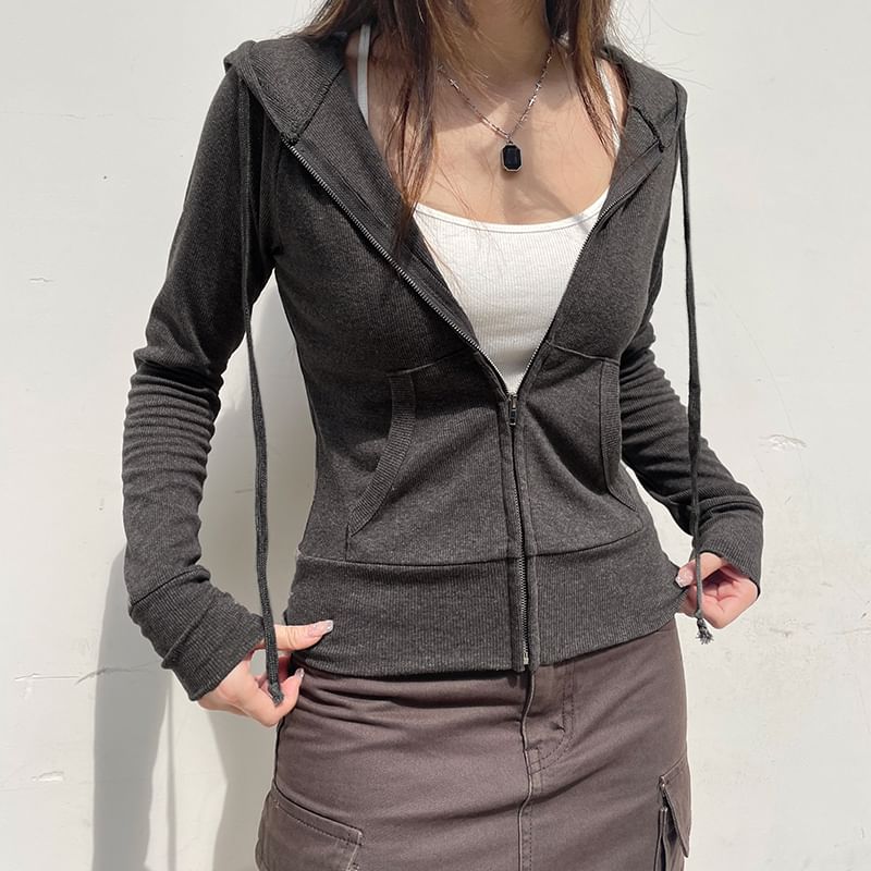 Hoodie Plain Drawstring Up Zip FashionChic