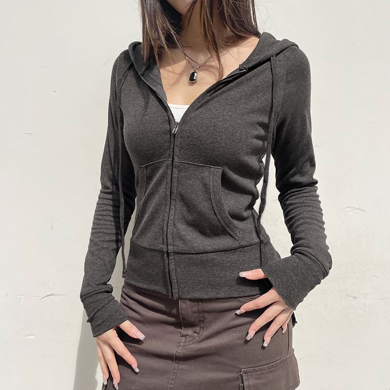 Hoodie Plain Drawstring Up Zip FashionChic