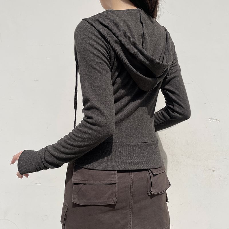 Hoodie Plain Drawstring Up Zip FashionChic